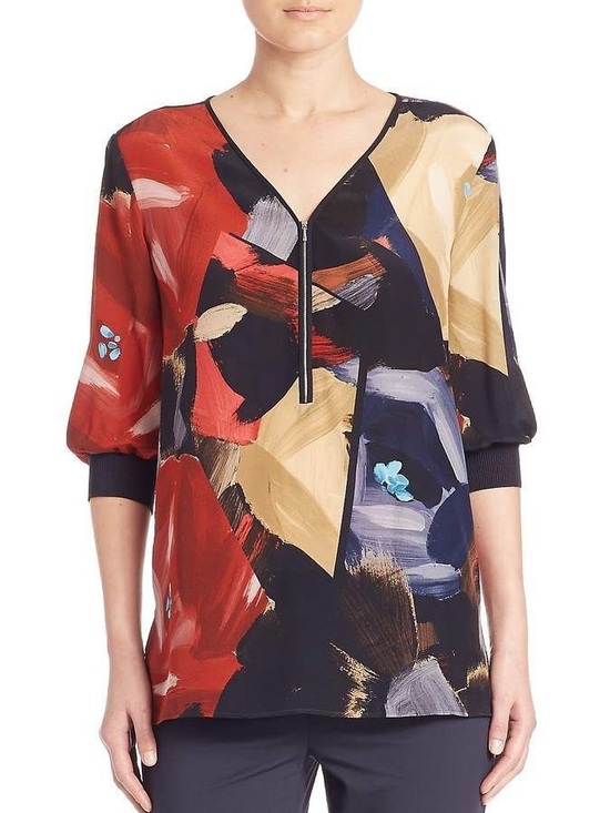 Lafayette 148 New York Tops - Lafayette 148 New York 100% Silk Multicolor Abstract V-Neck Zip-Front Blouse